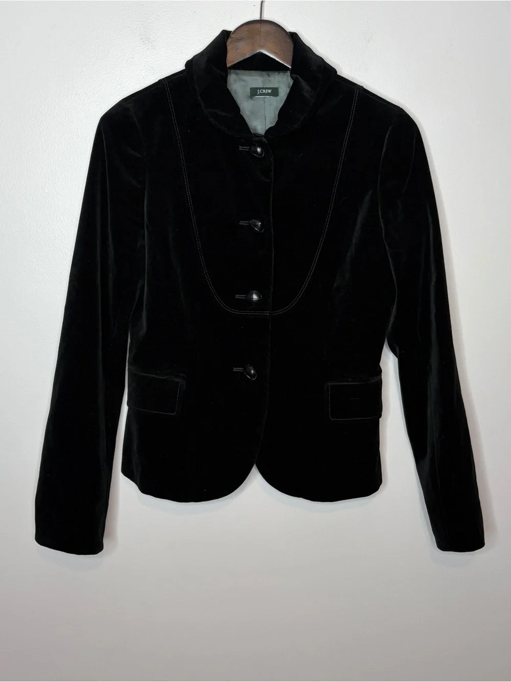 J.Crew Black Velvet Bella Blazer Jacket Womens 4/6 Lined Knot Buttons Equestrian